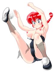 1girl absurdres blue_eyes braid breasts female_focus fishnet_pantyhose fishnets genderswap genderswap_(mtf) highres kul_tigin leotard nipples pantyhose ranma-chan ranma_1/2 red_hair saotome_ranma single_braid solo torn_clothes transparent_background