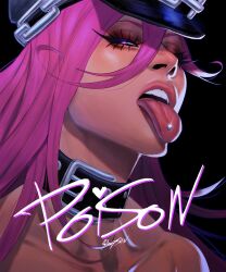 Rule 34 | 1girl, absurdres, black choker, character name, choker, eyeshadow, final fight, glowing, glowing eye, hat, highres, long hair, looking at viewer, makeup, open mouth, peaked cap, piercing, pink hair, poison (final fight), sheep shin, solo, street fighter, tongue, tongue out, tongue piercing