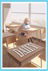 Rule 34 | asuna (blue archive), black choker, black skirt, black socks, blonde hair, blue archive, blue border, blue eyes, border, bow, bowtie, bracelet, breasts, chair, choker, classroom, commentary request, cupboard, day, desk, english text, full body, green bow, green bowtie, hair over one eye, hand on own face, indoors, jewelry, kneehighs, large breasts, long hair, looking outside, miniskirt, pleated skirt, school chair, school desk, school uniform, short sleeves, sitting, skirt, socks, sunlight, very long hair, window, zi se