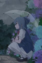 Rule 34 | 1girl, :|, absurdres, black footwear, blue bow, blue dress, blue eyes, blue flower, blue hair, bow, cirno, closed mouth, dress, expressionless, flower, forest, full body, hair bow, highres, holding, holding umbrella, hydrangea, looking ahead, mary janes, nature, outdoors, overcast, path, profile, puffy short sleeves, puffy sleeves, purple flower, rain, road, shirt, shoes, short hair, short sleeves, sky, sleeve cuffs, socks, solo, squatting, touhou, transparent, transparent umbrella, umbrella, violet (qs312556616), white shirt, white socks