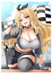 Rule 34 | 1girl, bandeau, black hairband, black skirt, blonde hair, blue eyes, blurry, blurry background, blush, breasts, checkered flag, cleavage, cowboy shot, cropped jacket, fingerless gloves, flag, gloves, grey bandeau, grey gloves, grey jacket, grey necktie, hairband, highres, jacket, kantai collection, kasashi (kasasi008), large breasts, long hair, looking at viewer, midriff, miniskirt, necktie, nelson (kancolle), official alternate costume, open mouth, race queen, skirt, smile, solo
