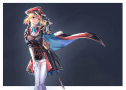 Rule 34 | 1girl, absurdres, belt, blonde hair, blouse, blue bow, blue bowtie, bow, bowtie, breasts, cape, chrisha (king&#039;s raid), coat, collared shirt, dress, gloves, green eyes, hat, highres, king&#039;s raid, leaning forward, long hair, looking at viewer, medium breasts, military, military uniform, miniskirt, parted lips, peaked cap, sheath, sheathed, shiny clothes, shirt, short dress, side ponytail, skirt, smile, solo, standing, sword, thighhighs, uniform, vladislav ton, weapon, white shirt, white thighhighs