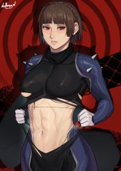 Rule 34 | 1girl, abs, alternate breast size, bodysuit, braid, breasts, crown braid, gloves, half-closed eyes, highres, large breasts, lips, long scarf, muscular, muscular female, navel, nervous smile, nidhoggn, niijima makoto, persona, persona 5, red eyes, ringed eyes, scarf, short hair, shoulder spikes, sideways glance, skin tight, skindentation, smile, solo, spikes, sweat, tearing clothes, toned, torn bodysuit, torn clothes
