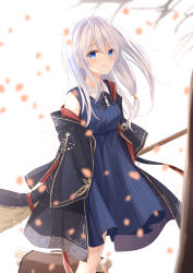 Rule 34 | 1girl, black cloak, blue dress, blue eyes, blurry, blurry background, blurry foreground, blush, breasts, broom, brown bag, cloak, closed mouth, collared dress, commentary, cropped legs, depth of field, dress, elaina (majo no tabitabi), emblem, hair between eyes, highres, long hair, looking at viewer, majo no tabitabi, no headwear, outdoors, scroll, senri (senri sen), silver hair, sleeveless, sleeveless dress, small breasts, smile, solo, standing