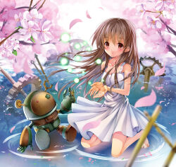 Rule 34 | 1girl, 1other, amayofuu, bare arms, barefoot, blurry, blush, brown eyes, brown hair, cherry blossoms, clannad, closed mouth, commentary request, depth of field, dress, eyes visible through hair, falling petals, floating hair, full body, garbage doll, gears, girl from the illusionary world, hair between eyes, highres, kneeling, light particles, long hair, own hands together, petals, petals on liquid, ripples, second-party source, sidelocks, simple background, smile, sundress, very long hair, water, white background, white dress