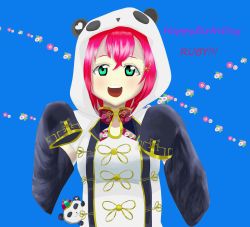Rule 34 | 1girl, animal hood, aqua eyes, arm support, artist name, artist request, blue background, blush, cheesetara10, chinese clothes, clothing cutout, commentary request, female focus, floral print, garter straps, hair ornament, hairclip, hand up, heart, highres, hood, hood up, kurosawa ruby, long sleeves, looking at viewer, love live!, love live! school idol festival, love live! sunshine!!, panda, panda hood, red hair, short hair, shoulder cutout, skirt, sleeves past fingers, sleeves past wrists, smile, solo, teeth, thighhighs, upper teeth only, white thighhighs