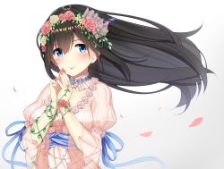 Rule 34 | 1girl, absurdres, black hair, blue eyes, blush, breasts, closed mouth, commentary request, detached collar, flower, go-1, hair flower, hair ornament, hairband, highres, idolmaster, idolmaster cinderella girls, large breasts, leaf, lipstick, long hair, long sleeves, looking at viewer, makeup, nail polish, own hands together, plant, puffy sleeves, red flower, rose, sagisawa fumika, see-through, simple background, smile, solo, vines, white background