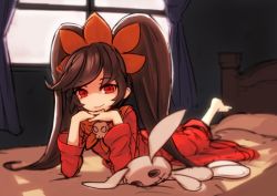 Rule 34 | 1girl, ashley (warioware), barefoot, bed, black hair, child, doll, dress, gradient hair, hair ornament, long hair, looking at viewer, lying, mario (series), multicolored hair, neckerchief, nintendo, nosuku, on bed, on stomach, pantyhose, red eyes, skull, smile, solo, stuffed animal, stuffed rabbit, stuffed toy, super mario bros. 1, swept bangs, twintails, warioware, window