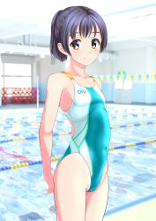 Rule 34 | 1girl, absurdres, aqua one-piece swimsuit, arms behind back, black hair, blurry, blurry background, breasts, brown eyes, clothes writing, competition swimsuit, cowboy shot, highres, lane line, logo, looking at viewer, multicolored clothes, multicolored swimsuit, one-piece swimsuit, original, ponytail, pool, short hair, short ponytail, small breasts, smile, solo, standing, string of flags, swimsuit, takafumi
