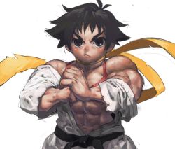 Rule 34 | 1girl, abs, androgynous, black hair, cracking knuckles, dougi, female focus, highres, makoto (street fighter), muscular, muscular female, navel, sash, satou toshiyuki, scarf, serious, simple background, solo, street fighter, tomboy, v-shaped eyebrows, white background, yellow scarf