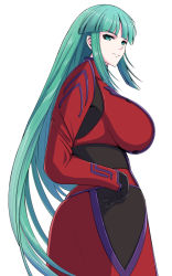 Rule 34 | 1girl, black gloves, from side, gloves, green eyes, green hair, hair behind ear, hand on own hip, jacket, long hair, looking at viewer, military, military uniform, muv-luv, muv-luv alternative, red jacket, smile, solo, tsukuyomi mana, uniform, user zww6012, very long hair, white background