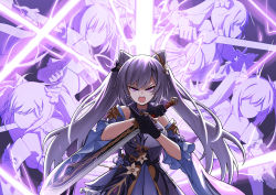 Rule 34 | 1girl, absurdres, angry, bare shoulders, bow, braid, double bun, dress, frilled dress, frilled sleeves, frills, genshin impact, glaring, gloves, hair bow, hair bun, hair ornament, hairclip, highres, holding, holding sword, holding weapon, karadborg, keqing (genshin impact), open mouth, purple eyes, purple hair, sword, twintails, weapon