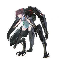 Rule 34 | 1girl, absurdres, aqua eyes, armor, black thighhighs, blade, bob cut, brown hair, dress, flat chest, full body, gloves, hair ornament, highres, leaning forward, looking at viewer, machinery, mecha musume, mechanical arms, mechanical parts, oota youjo, original, parted lips, piloting, sailor collar, sailor dress, shoes, short dress, short hair, simple background, sleeveless, sleeveless dress, solo, standing, thighhighs, white background