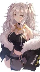 Rule 34 | 1girl, animal ears, bad id, bad twitter id, bare shoulders, blush, breasts, cleavage, darjeeling (reley), earrings, fur-trimmed jacket, fur trim, grey eyes, grey hair, hair between eyes, highres, hololive, jacket, jewelry, large breasts, lion ears, lion girl, long hair, looking at viewer, messy hair, midriff, necklace, open mouth, see-through, see-through cleavage, shirt, shishiro botan, shishiro botan (1st costume), skirt, smug, solo, two side up, virtual youtuber