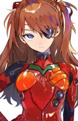 Rule 34 | 1girl, blue eyes, bodysuit, breasts, closed mouth, evangelion: 3.0 you can (not) redo, eyepatch, hand on own hip, highres, interface headset, looking at viewer, neon genesis evangelion, orange hair, pilot suit, plugsuit, rebuild of evangelion, red bodysuit, simple background, sirorosan, small breasts, solo, souryuu asuka langley, upper body, white background