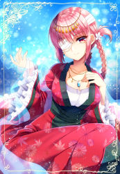 Rule 34 | 1girl, aoshima kanae, bandage over one eye, braid, breasts, cleavage, closed mouth, collarbone, commentary request, fate/grand order, fate (series), floral print, florence nightingale (divine princess of the storm) (fate), florence nightingale (fate), hair between eyes, hair rings, hand on own chest, hand up, japanese clothes, jewelry, kimono, long sleeves, looking at viewer, medium breasts, pendant, pink hair, print kimono, red eyes, red kimono, see-through, single braid, smile, solo, wide sleeves