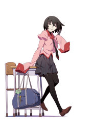 Rule 34 | 10s, 1girl, absurdres, bag, black hair, black pantyhose, blouse, cellphone, chair, desk, full body, highres, loafers, looking at viewer, monogatari (series), necktie, official art, oshino ougi, owarimonogatari, pantyhose, phone, pink shirt, pleated skirt, school bag, school desk, school uniform, shirt, shoes, short hair, simple background, skirt, sleeves past wrists, smartphone, smile, solo, watanabe akio, white background