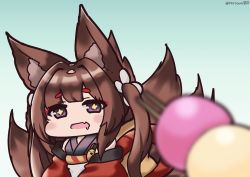 Rule 34 | + +, 1girl, amagi-chan (azur lane), azur lane, blunt bangs, blurry, brown hair, chibi, commentary request, dango, depth of field, detached sleeves, drooling, eyes visible through hair, eyeshadow, food, fox girl, gradient background, green background, kitsune, kyuubi, long hair, looking at viewer, makeup, manjuu (azur lane), multiple tails, open mouth, petals, purple eyes, senhayama (racoon), sidelocks, simple background, solo, symbol-shaped pupils, tail, thick eyebrows, twintails, twitter username, wagashi, wide sleeves