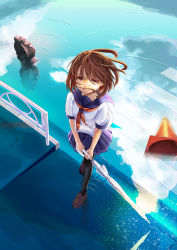 Rule 34 | 1girl, absurdres, brown eyes, brown hair, closed umbrella, highres, original, pantyhose, parasol, school uniform, serafuku, shiro ami, sky, solo, traffic cone, umbrella