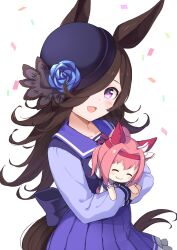 Rule 34 | 1girl, animal ears, black hair, blush, breasts, character doll, cleavage, collarbone, doll, flower, hair ornament, hair over one eye, haru urara (umamusume), hat, highres, horse ears, horse girl, horse tail, hugging object, iwao (pixiv258710), long hair, looking at viewer, medium breasts, open mouth, ribbon, rice shower (umamusume), school uniform, smile, solo, tail, tracen school uniform, umamusume, white background