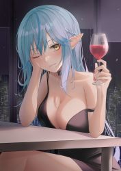 Rule 34 | 1girl, ;), absurdres, alcohol, bare arms, bare shoulders, black dress, blue hair, blush, braid, breasts, city, cleavage, closed mouth, collarbone, commentary, cup, dress, drinking glass, elf, english commentary, half updo, hand on own cheek, hand on own face, highres, holding, holding cup, hololive, huge filesize, indoors, large breasts, looking at viewer, nail polish, night, one eye closed, pointy ears, sitting, smile, solo, strap slip, table, turbulence, virtual youtuber, window, wine, wine glass, yellow eyes, yukihana lamy