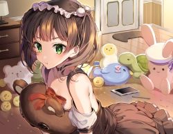 Rule 34 | 1girl, :t, bad id, bad pixiv id, bare shoulders, blush, bow, brown dress, brown hair, cellphone, chest of drawers, closed mouth, collarbone, commentary, copyright request, detached sleeves, door, dress, green eyes, hair bobbles, hair ornament, indoors, looking at viewer, hugging object, phone, pinb, pink bow, pout, puffy short sleeves, puffy sleeves, red bow, short sleeves, sleeveless, sleeveless dress, smartphone, solo, stuffed animal, stuffed rabbit, stuffed toy, stuffed turtle, teddy bear, twintails, v-shaped eyebrows, virtual youtuber, wooden floor