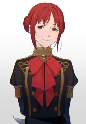 Rule 34 | 1girl, arms behind back, closed mouth, collared shirt, double bun, fire emblem, fire emblem: three houses, garreg mach monastery uniform, hidden weapon, highres, kyufe, long sleeves, looking at viewer, monica von ochs, nintendo, red eyes, red hair, red ribbon, ribbon, shirt, short hair, simple background, smile, upper body