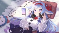 Rule 34 | 1girl, ahoge, animal ear fluff, animal ears, black skirt, blue bow, blue hair, blush, bow, breasts, cellphone, charger, chobi (penguin paradise), closed mouth, collared shirt, copyright request, dress shirt, flower, frilled skirt, frills, fringe trim, gradient hair, hair bow, hairband, hand on headphones, hand up, headphones, headphones around neck, highres, long hair, looking at viewer, multicolored hair, phone, pillow, purple eyes, purple hair, red bow, red flower, red hairband, red rose, rose, rug, see-through, see-through sleeves, shirt, skirt, sleeves past wrists, small breasts, smile, solo, very long hair, virtual youtuber, white shirt