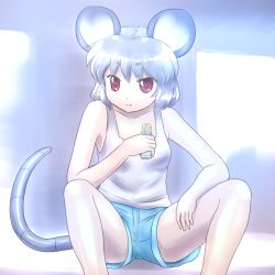 Rule 34 | 1girl, alternate costume, animal ears, bare arms, bare shoulders, casual, chemise, collarbone, contemporary, grey hair, mouse ears, mouse tail, nazrin, red eyes, shirosato, shorts, sitting, solo, spread legs, tail, touhou
