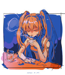 Rule 34 | 1girl, arm tattoo, bare shoulders, bracelet, cigarette, cigarette pack, closed mouth, cup, dated, drinking glass, closed eyes, facing viewer, fingernails, hatsune miku, highres, holding, holding cigarette, jewelry, lighter, long hair, mouth hold, nail polish, nekohara peninsula, orange hair, orange nails, orange theme, smoke, smoking, solo, tattoo, twintails, vocaloid