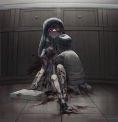 Rule 34 | 1boy, 1girl, absurdres, aged down, blood, blood on clothes, blood on face, brother and sister, dule (anhaidule), highres, hug, indoors, long hair, red eyes, short hair, siblings, sitting, spy x family, yor briar, yuri briar