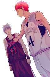 2boys a_jou akashi_seijuurou armband bare_shoulders basketball_jersey basketball_shorts basketball_uniform black_armband black_shorts blue_hair closed_mouth clothes_grab collarbone commentary_request eye_contact hair_between_eyes kuroko_no_basuke kuroko_tetsuya looking_at_another male_focus multicolored_clothes multiple_boys parted_lips rakuzan_high_basketball_uniform red_hair seirin_high_basketball_uniform shorts sportswear standing toned toned_male v-neck white_shorts yellow_eyes