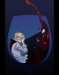 Rule 34 | 1boy, alcohol, black background, black pants, blonde hair, bottle, bracelet, cape, covering face, crying, cup, drinking glass, frilled shirt collar, frills, frog of hell, highres, jewelry, male focus, mini person, one piece, pants, red cape, red wine, sanji (one piece), shirt, short hair, solo, white shirt, wine, wine bottle, wine glass