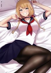 Rule 34 | 1girl, :d, absurdres, arms up, bed sheet, black choker, black pantyhose, blonde hair, blue skirt, breasts, choker, feet out of frame, fine fabric emphasis, green eyes, grin, highres, lying, medium breasts, miniskirt, mole, mole under mouth, neckerchief, on back, on bed, open mouth, original, pantyhose, pleated skirt, raised eyebrow, sailor collar, scan, school uniform, serafuku, shirt, short sleeves, skirt, smile, smug, solo, sukebewe, thighband pantyhose, thighs, white shirt
