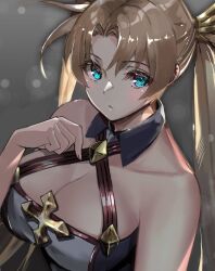 Rule 34 | 1girl, bare shoulders, blonde hair, blue eyes, blush, bradamante (fate), braid, breasts, cleavage, collarbone, commentary request, fate/grand order, fate (series), grey background, large breasts, long hair, looking at viewer, parted bangs, simple background, solo, suishougensou, twintails, upper body