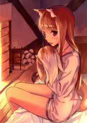 Rule 34 | 1girl, :p, absurdres, animal ears, bare legs, bed, blush, bottomless, brown hair, brushing hair, comb, fireplace, firewood, highres, holo, hugging own tail, hugging tail, jewelry, kawakami rokkaku, long hair, looking at viewer, naked shirt, necklace, no pants, red eyes, scan, shirt, sitting, smile, solo, spice and wolf, tail, tongue, tongue out, wolf ears, wolf tail