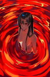 Rule 34 | 1girl, absurdres, blood, blood on body, blood on face, breasts, brown hair, carmen (project moon), closed mouth, highres, lobotomy corporation, long hair, looking at viewer, medium breasts, msx (mis4xi), pool of blood, project moon, red eyes, smile, solo, standing, very long hair, wading