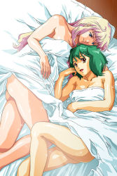 Rule 34 | 2girls, aftersex, ass, bare legs, bare shoulders, bed, bed sheet, blonde hair, blue eyes, breasts, cleavage, collarbone, covering privates, female focus, friends, green hair, happy, indoors, legs, long hair, looking at another, looking at viewer, lying, macross, macross frontier, multicolored hair, multiple girls, naked sheet, nolia, nude, nude cover, on back, on side, open mouth, pink hair, ranka lee, red eyes, room, sheryl nome, shiny skin, short hair, smile, sparkle, sunlight, two-tone hair, under covers, yuri