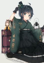 Rule 34 | 1girl, absurdres, ahoge, arm up, black gloves, black hair, black hakama, black headwear, blue eyes, bow, character doll, character request, clock, commentary request, gloves, green bow, green kimono, grey background, hair bow, hakama, hakama skirt, hand on headwear, hat, hatakaze (kancolle), highres, japanese clothes, kantai collection, kimono, lantern, long sleeves, looking at viewer, malachite, matsukaze (kancolle), mini hat, mini top hat, parted lips, short hair, simple background, sitting, skirt, smile, suitcase, table, top hat, wide sleeves