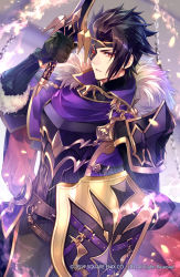 Rule 34 | 1boy, armor, black gloves, black hair, cape, company name, cowboy shot, dated, eyepatch, fur trim, gloves, gold trim, grimms echoes, hand up, highres, holding, holding weapon, male focus, official art, red eyes, shield, short hair, shuri yasuyuki, solo, standing, weapon