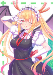 Rule 34 | 10s, 1girl, ;q, bad id, bad pixiv id, blonde hair, breasts, dragon girl, dragon tail, dragon wings, frills, gloves, gradient hair, hand on own hip, highres, horns, kobayashi-san chi no maidragon, large tail, long hair, looking at viewer, maid, maid headdress, medium breasts, multicolored hair, necktie, one eye closed, solo, tail, tenzeru, tohru (maidragon), tongue, tongue out, twintails, v over eye, very long hair, white gloves, wings