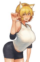 Rule 34 | 1girl, animal ear fluff, animal ears, bare shoulders, blonde hair, breasts, chanta (ayatakaoisii), commentary request, cowboy shot, elbow pads, extra ears, fox ears, gym shirt, gym shorts, highres, large breasts, looking at viewer, open mouth, shirt, short hair, shorts, sleeveless, sleeveless shirt, smile, solo, sportswear, sweat, touhou, volleyball uniform, yakumo ran, yellow eyes