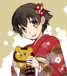 Rule 34 | 10s, 1girl, abenattou, alternate costume, brown eyes, brown hair, daruma doll, dress, floral print, flower, girls und panzer, hair flower, hair ornament, holding, japanese clothes, kimono, leopon (animal), looking at viewer, nakajima (girls und panzer), parted lips, red dress, short hair, smile, solo, standing, upper body