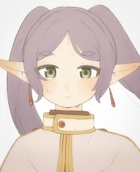 Rule 34 | 1girl, blush, capelet, commentary request, crying, crying with eyes open, drop earrings, earrings, elf, frieren, green eyes, grey hair, highres, jewelry, long hair, looking at viewer, mokothetako, parted bangs, pointy ears, simple background, solo, sousou no frieren, tears, twintails, white background, white capelet
