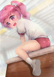 Rule 34 | 1girl, ass, buruma, comic girls, commentary request, embarrassed, fang, from behind, grey footwear, gym uniform, hair ornament, hairclip, highres, leaning forward, legs, long hair, looking back, moeta kaoruko, open mouth, panbai, pink eyes, pink hair, ponytail, red buruma, shirt, shoes, socks, solo, sweat, tears, thighs, vaulting horse, white footwear, white shirt