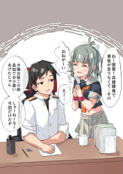 1boy 1girl :d ^_^ admiral_(kancolle) beritabo black_hair black_shirt blush bow chair closed_eyes commentary_request crop_top cup desk facing_another green_hair grey_background grey_hair grey_sailor_collar grey_skirt hair_bow hair_ribbon highres jacket kantai_collection looking_at_another midriff military_jacket military_uniform mug naval_uniform navel neckerchief office_chair on_chair open_mouth orange_neckerchief pleated_skirt ponytail ribbon sailor_collar school_uniform serafuku shirt short_sleeves sitting skirt smile speech_bubble standing steepled_fingers swivel_chair table thick_eyebrows translation_request two-tone_background white_background white_bow white_jacket white_ribbon yuubari_(kancolle) yuubari_kai_ni_(kancolle)