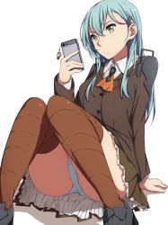 Rule 34 | 10s, 1girl, aqua hair, arm support, cellphone, green eyes, highres, kantai collection, kumano (kancolle), long hair, looking at phone, nagioka, panties, pantyshot, phone, pleated skirt, simple background, sitting, skirt, smartphone, solo, suzuya (kancolle), thighhighs, underwear, white background, white panties