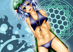 Rule 34 | 1girl, abs, bad id, bad pixiv id, blue eyes, blue hair, blue panties, hair bobbles, hair ornament, hat, kawashiro nitori, key, matching hair/eyes, navel, open mouth, panties, semikichi, solo, touhou, twintails, two side up, underwear