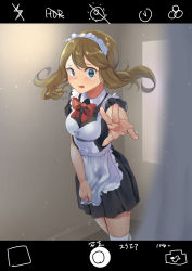 Rule 34 | 1girl, alternate costume, apron, apron tug, black shirt, black skirt, blue eyes, blurry, blurry foreground, bow, bowtie, brown hair, creatures (company), embarrassed, enmaided, fake screenshot, floating hair, flying sweatdrops, frilled apron, frills, game freak, highres, japanese text, jyu gorilla, lightning bolt symbol, long hair, looking at viewer, maid, maid headdress, may (pokemon), miniskirt, nintendo, open mouth, outstretched arms, pleated skirt, pokemon, pokemon rse, recording, red bow, red bowtie, shirt, short sleeves, skirt, solo, standing, thighhighs, translation request, twintails, white apron, white thighhighs, wing collar, zettai ryouiki
