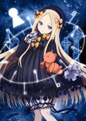 Rule 34 | 1girl, abigail williams (fate), absurdres, black bow, black dress, black hat, blonde hair, bloomers, blue eyes, bow, bug, butterfly, commentary request, dress, fate/grand order, fate (series), forehead, hair bow, hat, head tilt, highres, insect, key, keyhole, long hair, long sleeves, looking at viewer, moni (credo), night, night sky, orange bow, parted bangs, parted lips, polka dot, polka dot bow, sky, sleeves past fingers, sleeves past wrists, solo, star (sky), starry sky, stuffed animal, stuffed toy, teddy bear, tombstone, underwear, very long hair, white bloomers